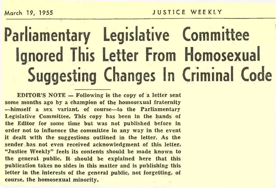 Title and editor's note from an article in Justice Weekly in 1955.