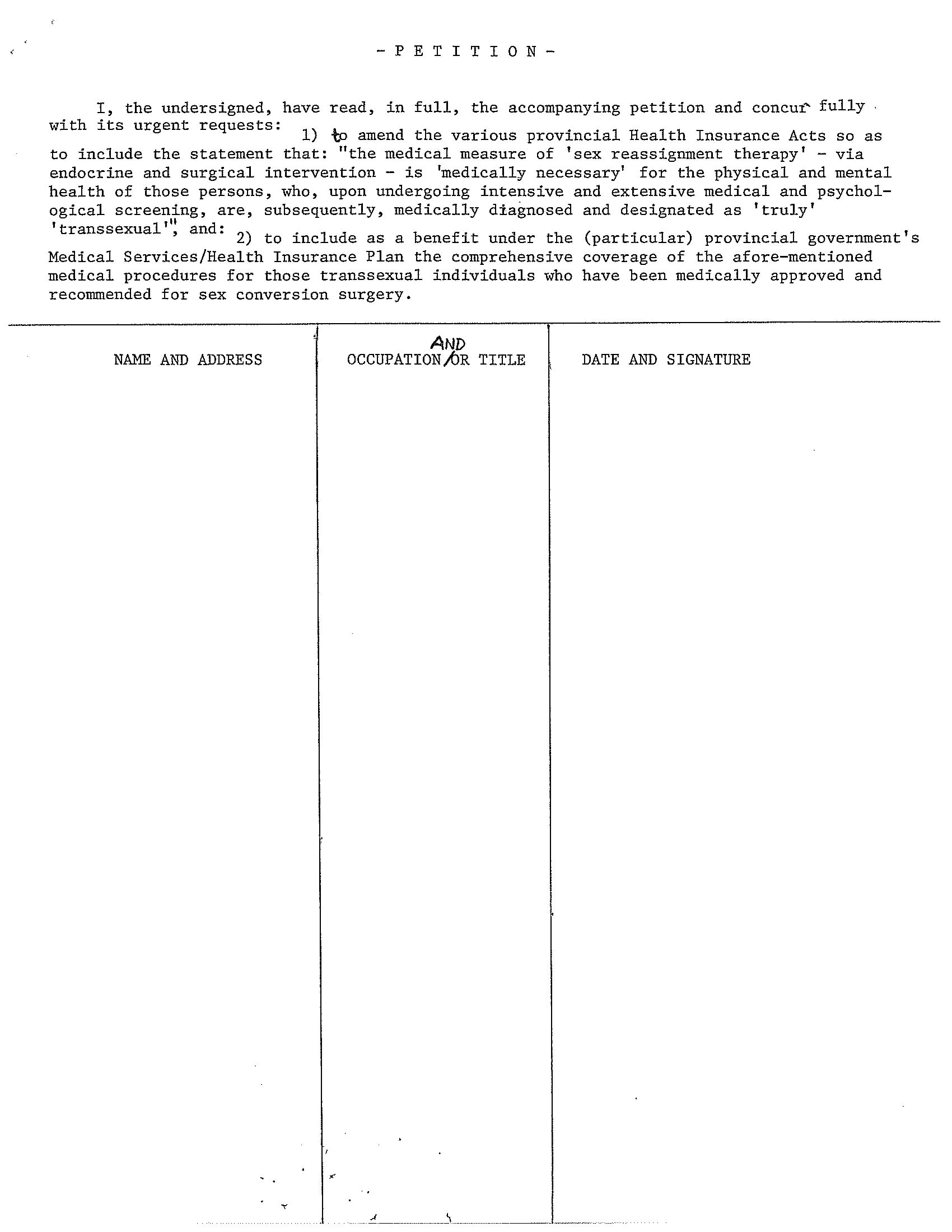 Unsigned petition with three columns for signee name and address, occupation and/or title, and date and signature.