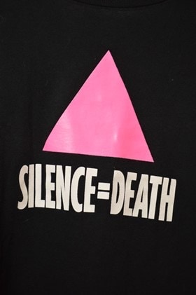 Black T-shirt with an image of a pink triangle and white text reading “SILENCE=DEATH” in all caps.