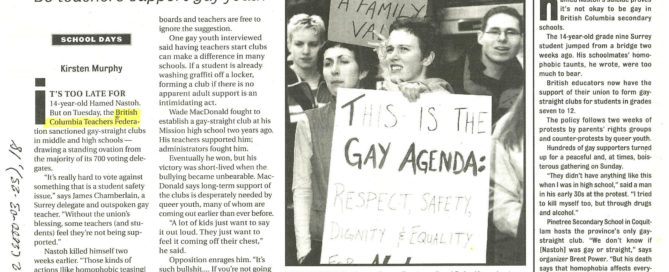 Newsclipping with a photo of four people (two of whom are identified as Theresa Cowan and Emira Mears) at a protest against homophobia in schools. Cowan has short dark hair and is holding a sign reading, “this is the gay agenda: respect, safety, dignity & equality for all.” Mears has ear-length hair with bangs and is holding a sign reading, “hate is not a family value.”