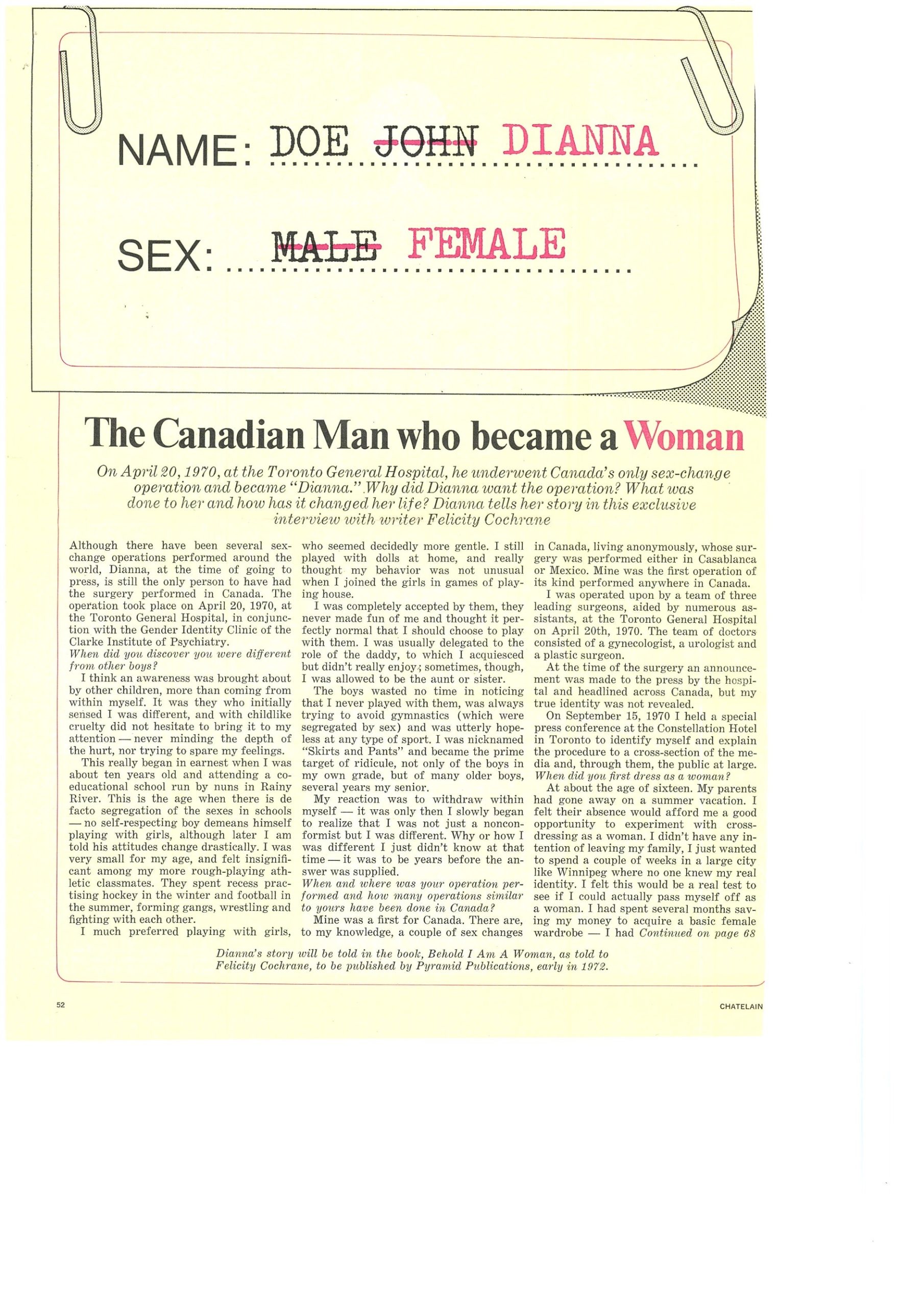 Page from a magazine. At the top of the page, there is an illustration of a piece of notepaper with two paper clips and the text, “NAME: DOE JOHN DIANNA / SEX: MALE FEMALE.”