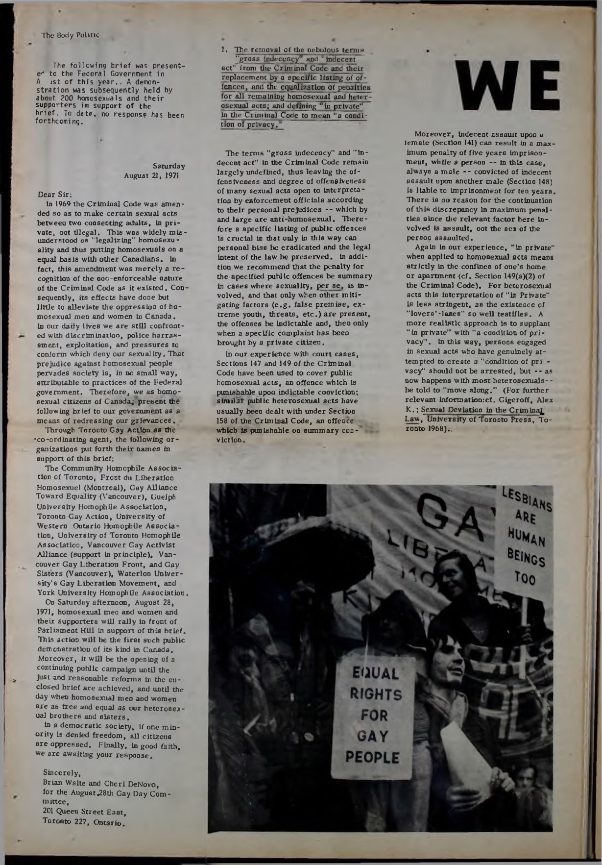 Page from a newsmagazine. At the bottom right, there is a photo of protestors holding signs reading, “equal rights for gay people” and “lesbians are people too.”