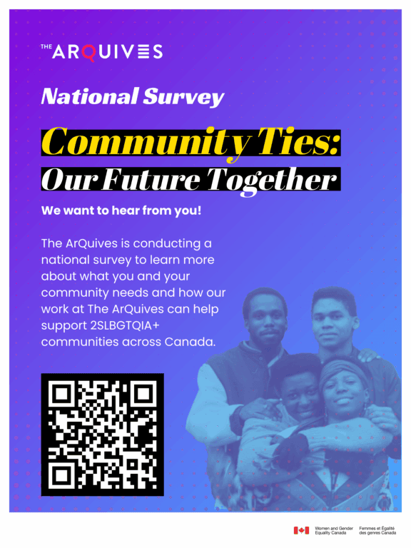 Fond dégradé de violet à bleu avec le texte : Nous voulons vous entendre ! Les ArQuives veulent en savoir plus sur vous et sur la façon dont nous pouvons aider à soutenir les communautés 2SLGBTQIA+ à travers le Canada. Le code QR renvoie à: https://form.jotform.com/250896203847263