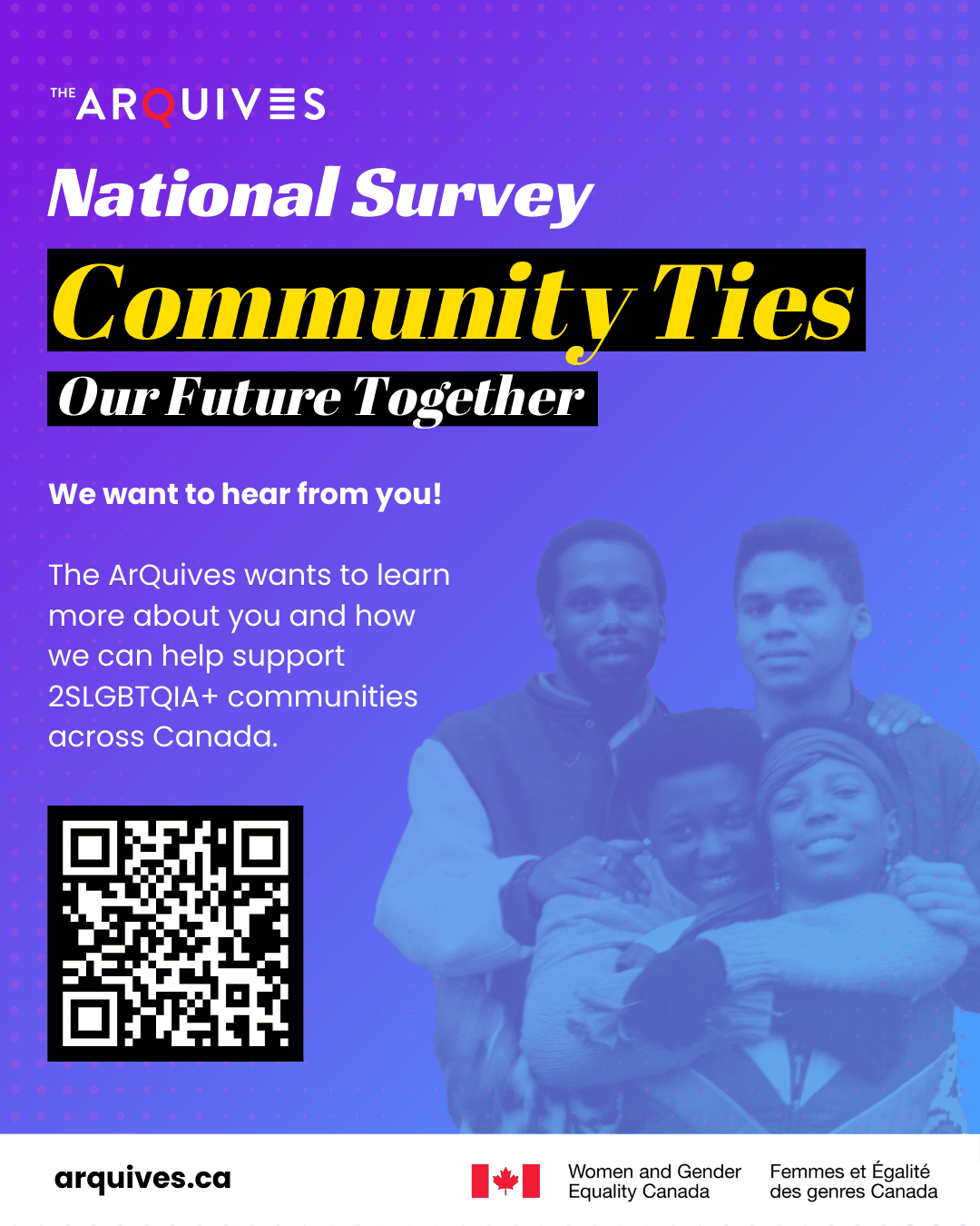 Purple to blue gradient background with the text: We want to hear from you! The ArQuives wants to learn more about you and how we can help support 2SLBGTQIA+ communities across Canada. QR code links to: https://form.jotform.com/250896546702061