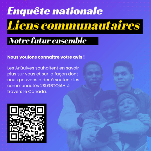 Fond dégradé de violet à bleu avec le texte : Nous voulons vous entendre ! Les ArQuives veulent en savoir plus sur vous et sur la façon dont nous pouvons aider à soutenir les communautés 2SLGBTQIA+ à travers le Canada. Le code QR renvoie à: https://form.jotform.com/250896203847263