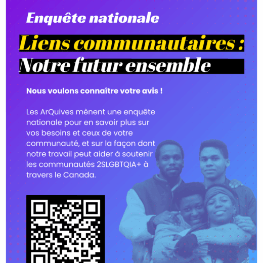 Fond dégradé de violet à bleu avec le texte : Nous voulons vous entendre ! Les ArQuives veulent en savoir plus sur vous et sur la façon dont nous pouvons aider à soutenir les communautés 2SLGBTQIA+ à travers le Canada. Le code QR renvoie à : https://form.jotform.com/250896203847263