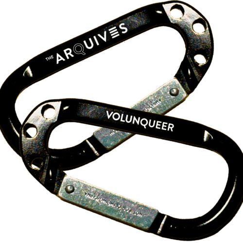Black carabiner with white text, one side reading "The ArQuives", the other "VOLUNQUEER".