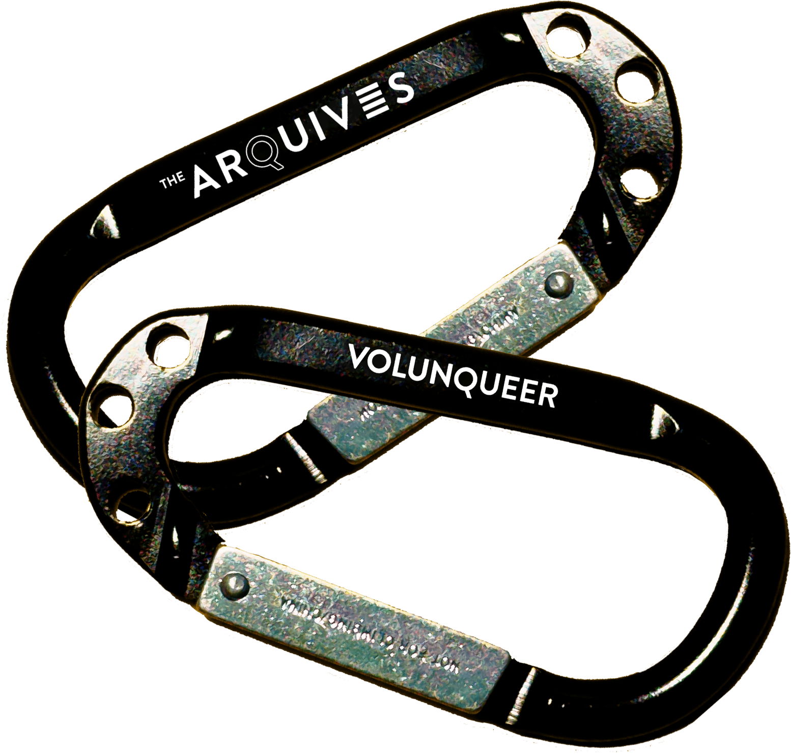 Black carabiner with white text, one side reading "The ArQuives", the other "VOLUNQUEER".