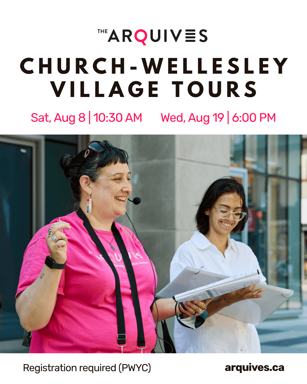 Tour guide in a pink shirt speaking with a microphone headset. Another guide holds tour notes.