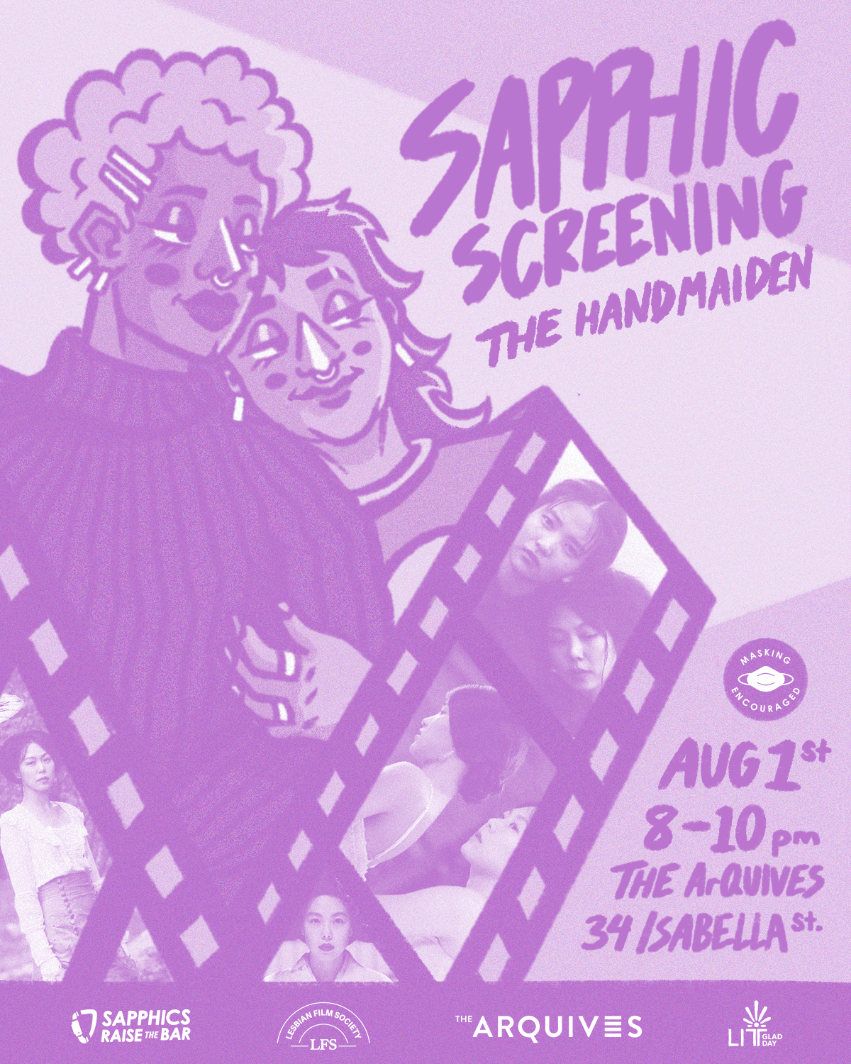 Illustration of two people, one has their head on the others shoulder. There is a film strip showing screenshots from the film "The Handmaiden."