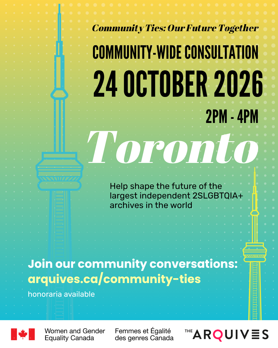 Yellow to green gradient background with the text: Community Ties: Our Future Together. The post advertises the community conversation taking place in Toronto on Saturday, 24 October from 2-4 pm. Help shape the future of the largest independent 2SLGBTQIA+ archives in the world. $50 honoraria available.