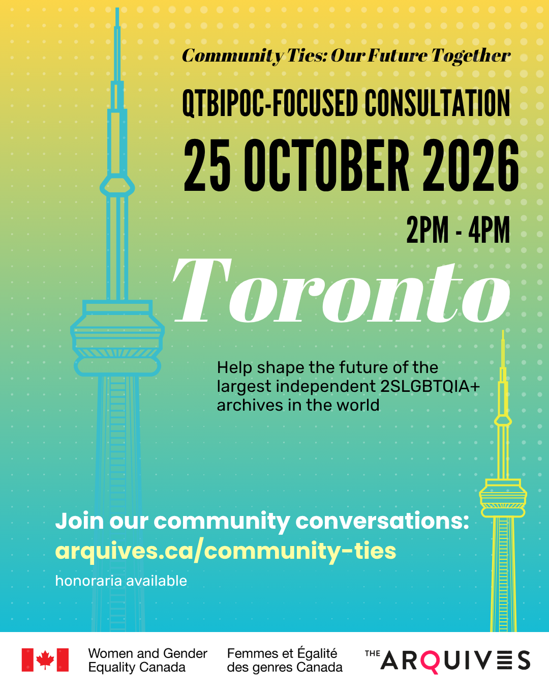 Yellow to green gradient background with the text: Community Ties: Our Future Together. The post advertises the community conversation taking place in Toronto on Sunday, 25 October from 2-4 pm. Help shape the future of the largest independent 2SLGBTQIA+ archives in the world. $50 honoraria available.