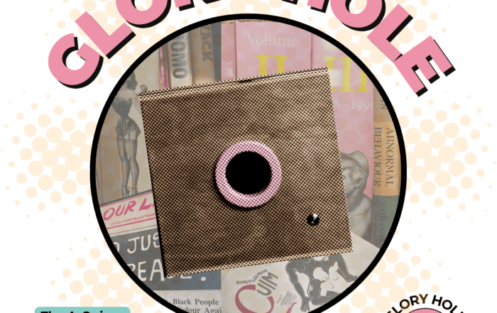 The words "Glory Hole" in pink, followed by a square wooden box featuring a pink hole.