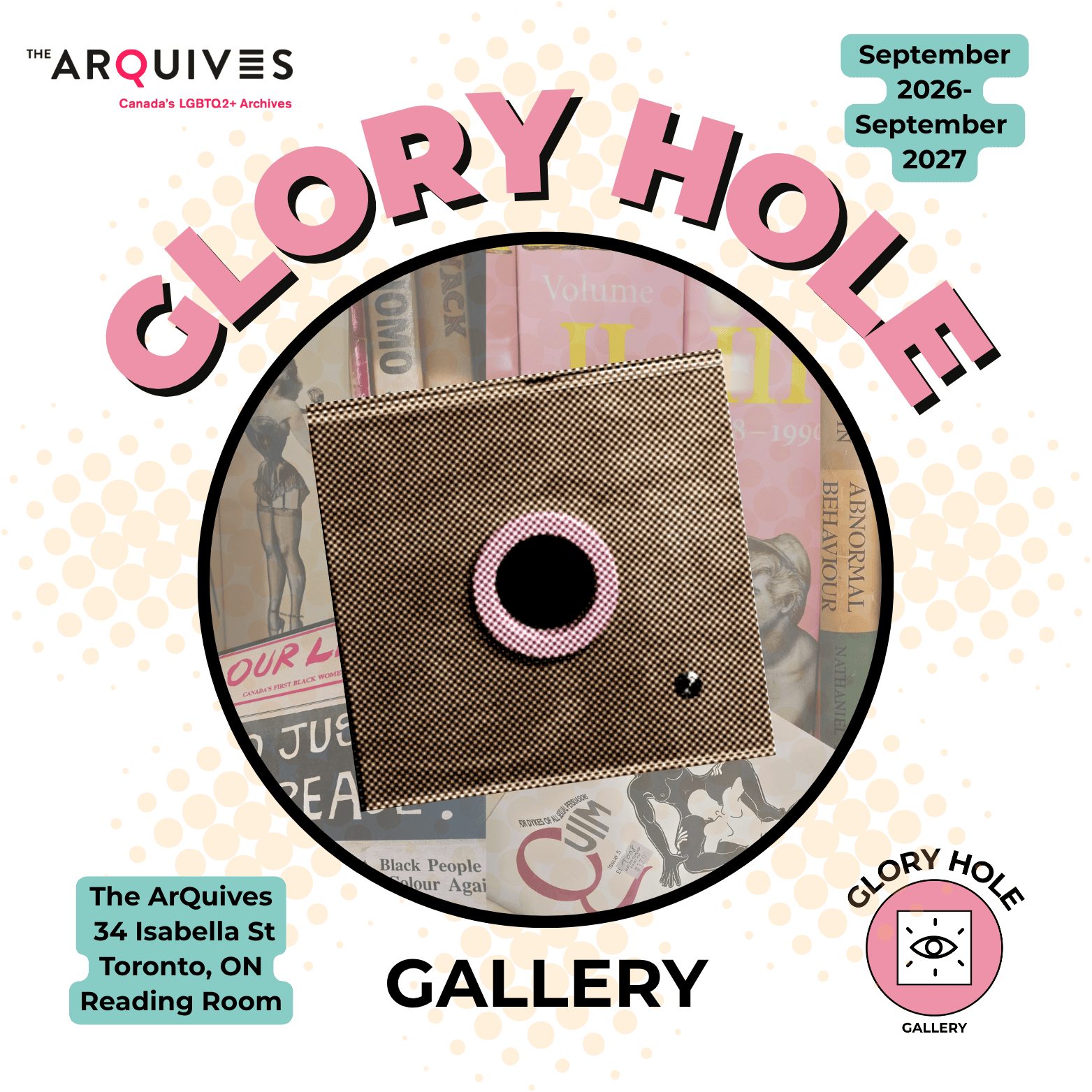 The words "Glory Hole" in pink, followed by a square wooden box featuring a pink hole.