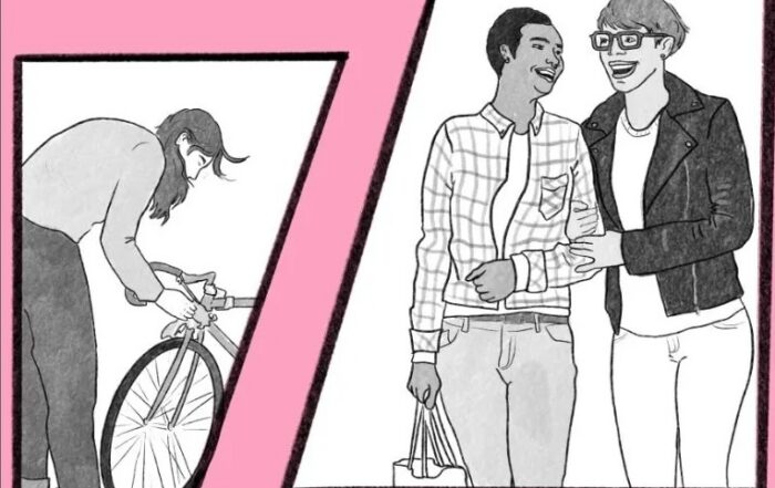 Image with pink background and several white and grey line drawings.