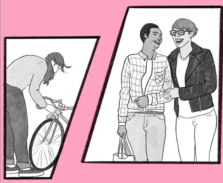 Image with pink background and several white and grey line drawings.