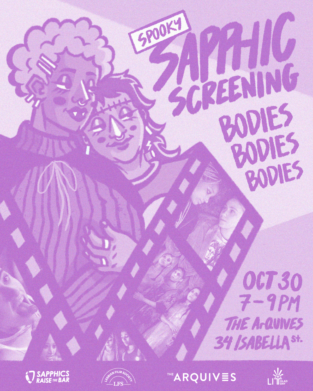 Illustration of two people holding each other. There is a film strip showing screenshots from the film "Bodies Bodies Bodies."